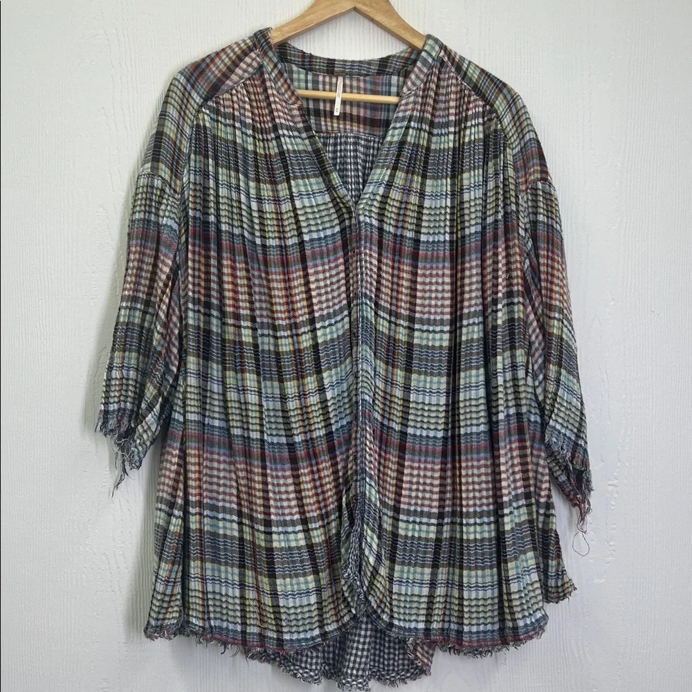 Free People - Boho Cottage Plaid Colorful Button Down Oversized Blouse Size Med - Picture 8 of 11